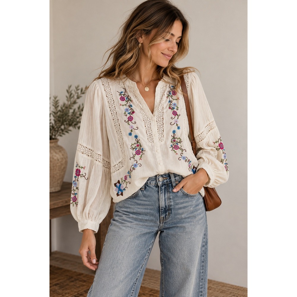 Jennifer & Grace Embroidered Cotton Gauze Blouse Lace Trim Boho Top Cream Large